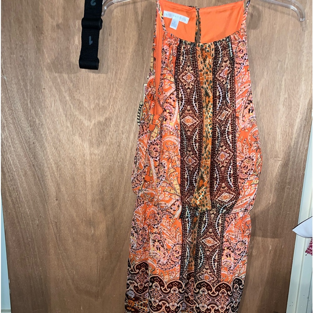 London Times size 8 geometric print dress, orange, brown, blue, yellow, Halter